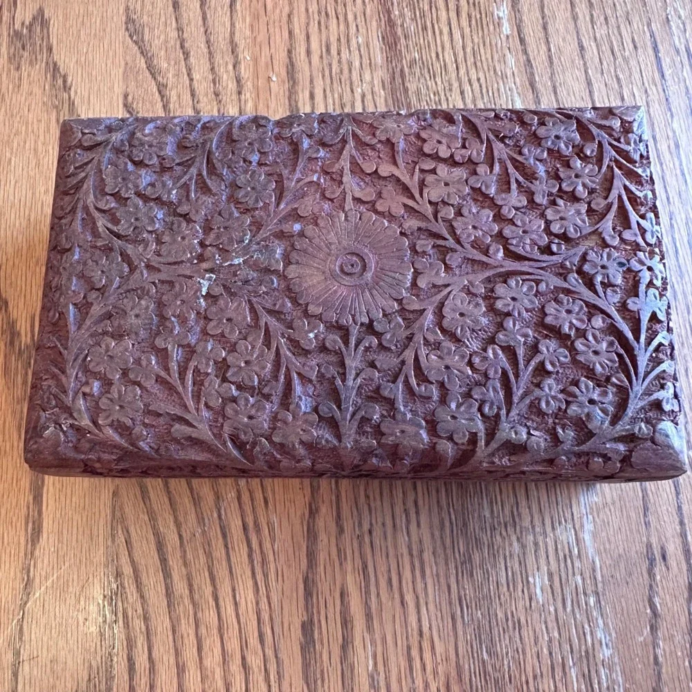 Hand Carved Wood Trinket Box Set 2pc Brown Floral Vine Decor